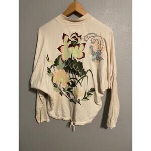 Da-Nang Jacket Womens Size S/M White Silk Zip Front Floral Embroidered Boho